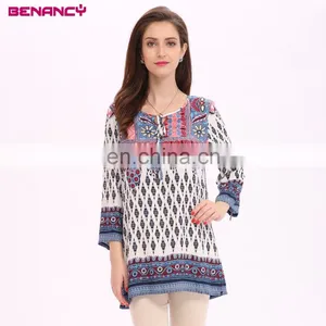 2017 Hot Selling In Stock Women Summer Boho Border Printed Tunic Tops thumbnail-2