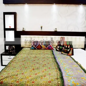 Cotton Vintage Reversible Flower Prints Bedspread Kantha Quilt Embroidered Throws Sari Stitched Running Blanket thumbnail-1