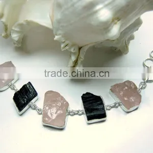 Rose Quartz & Tourmaline Multi Stone Rough Bracelet, 925 Solid Sterling Silver Bracelet, Designer Gemstone Raw Bracelet thumbnail-4