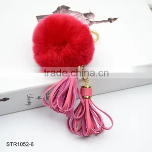 New Leather Tassel Fur Keychain Real Rabbit Fur Pom Pom Key Chain thumbnail-6