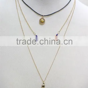 Gold Chain Layered Necklace W/Blue & Tan Bead Gold Leaf & Bird Metal Necklace 2016 Fashion Style Wholesale thumbnail-1