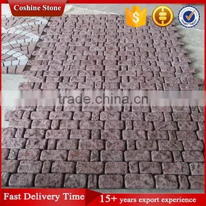 Red Colored Tumble Mesh Back Granite Cobblestone Paver Stone thumbnail-1