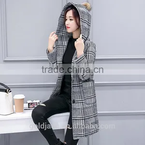 2016 Winter Ladies Black Long Plaid Wool Coat for Women and Ladies thumbnail-2
