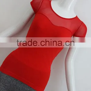 Ladies Red Short Sleeve T-shirt With Mesh in Shoulder Part thumbnail-2