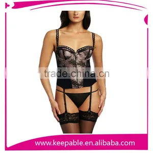 Keepable Open Bust Front Zip Corset With Boning And G-String Lingerie Set thumbnail-1