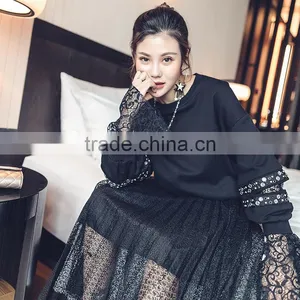 B22679A Korea Women Lace Stitching Nail Bead Blouse Hoodies thumbnail-3