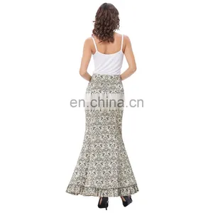 Belle Poque Women Vintage Retro Victorian Style Ruffled Jacquard Fishtail Mermaid Light Green Long Maxi Skirt BP000204-3 thumbnail-4
