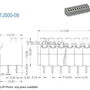 Termin Block 2P - 24P Electrical Spring Clamp Screwless Terminal Block Pitch 5.00mm 300V 10A thumbnail-2
