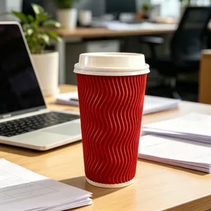 Biodegradable Custom Logo Double Ripple Wall Hot Coffee Paper Cup With Lid thumbnail-2