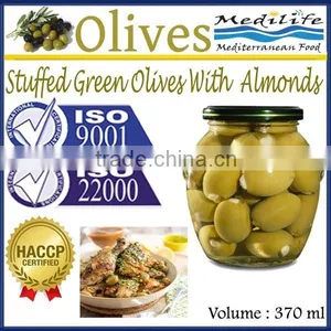 Green Olives. Top Quality 100% Tunisian Olives. Olives Stuffed With Almonds, Green Table Olives. 370 ml Glass Jar thumbnail-1