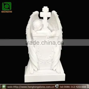 Western White Marble Carved Angel With Cross Headstone thumbnail-1