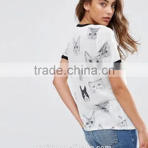 Wholesale China Fashion Design Cheap 100% Polyester t Shirt for Women With Cat Print thumbnail-2