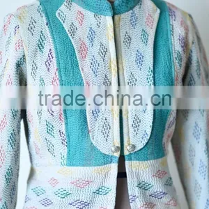 Vintage Kantha Jacket in Cream & Green Color ~ Extra Large thumbnail-4