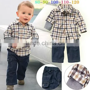 2016 Wholesale Boy Clothing Sets Grid Causal T Shirt And Jean Pants Baby Suits For Children Wear thumbnail-1