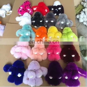 100% Real Wholesale Bunny Keychain Rex Rabbit Fur Pom Pom Keychain thumbnail-2
