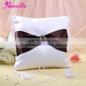 Trendy Satin Wedding Party Decoration Wedding Ring Pillow With Brown Ribbons thumbnail-1