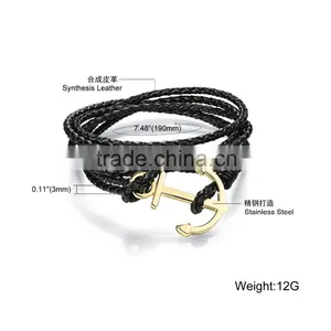 Multilayer Handmade Woven Leather Bracelet Stainless Steel Gold Boat Anchor Alloy Charms Man Anchor Bracelets thumbnail-6