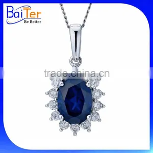 Custom Wholesale White Gold Plated Trillion Cut Halo Setting 925 Sterling Silver Lab Created Blue Sapphire Pendant thumbnail-5
