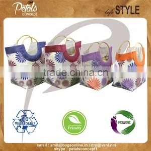 Floral Print Jute Beach Bag With Round Wooden Cane Handle - Tote Bag - Exclusive From India thumbnail-1