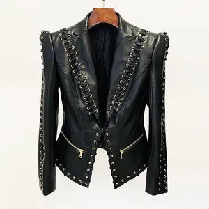 Fashion New Arrival V-neck Corns Metal Leather Jacket Tight Black Zipper Short Women's Clothing thumbnail-1