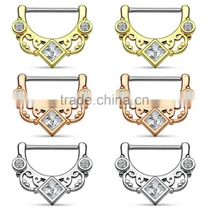 Square CZ Floral Fan Nipple Ring Clicker Body Piercing Jewelry thumbnail-1