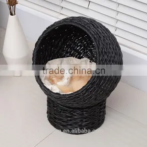 Pawhut Black/Beige 21" Hooded Rattan Wicker Elevated Cat Bed thumbnail-2