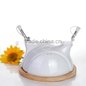 Hot Selling White Double Style Ceramic Olive Oil Bottles With Wooden Holder thumbnail-1