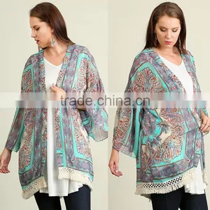 Women Wholesale Boutique Clothing Bohemian Border Print Woven Open Front Fringe Hem Cardigan Clothing Factories In China thumbnail-1