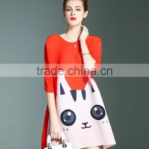 Lovely Cat Print Women Loose Custom Design Casual Dress thumbnail-2