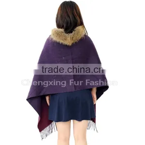 CX-B-P-43G 2016 New Product Noble Shawl Hand Made Wholesale Cashmere Capes And Raccoon Fur Trim Cape thumbnail-4