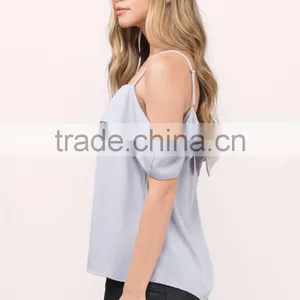 2017 Fashion Lady Clothing Lastest Summer Grey Cold Shoulder Blouse thumbnail-2