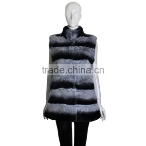 YR247 Ladies Luxury Top Quality Real Rex Rabbit Chinchilla Dyed Stand Collar Fur Vest thumbnail-3