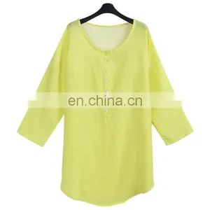 Women Newest Comfortable Round Neck Linen Blouse thumbnail-1