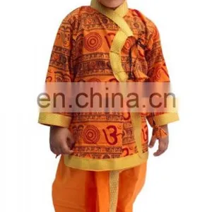 Indian Om Print Saffron Dhoti Kurta, Boy's Traditional Angrakha Set, Dhoti Suit, Kids Baby Wear, Ethnic Dress Kurta om Print thumbnail-3