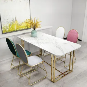 Modern Marble Top Golden Chrome Leg Long Dining Table for Restaurant thumbnail-2