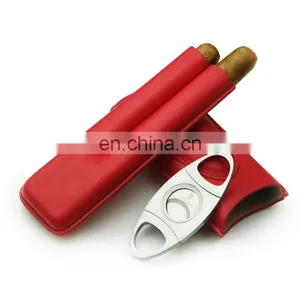 Handmade Portable High Quality 2piece Genuine Leather Custom Cigar Holder Case With Cutter Gift Set thumbnail-1
