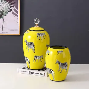 Nordic Style Modern Cylinder Tableware Yellow Zebra Painting Ceramic Flower Storage Vases With Round Crystal Lid For Dining Room thumbnail-3