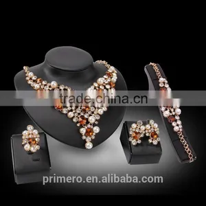 18K Gold Plated Pearl Rhinestone Crystal Necklace Wedding Ring Party Gift Costume Pearl Bridal Jewelry Sets thumbnail-3