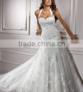2015 New Custom Made BacklessTulle Applique Beading Crystal A-Line Lace Wedding Dress Bridal Gowns thumbnail-1