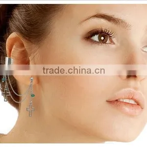 EAR CUFF - Silver Plated Post Earrings, Chain, Cross Charms, Emerald Dangle Ear Cuff - Extra Earring With Chain And Cross Charm thumbnail-1