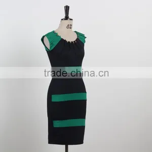 Latest Dress Designs Shiny Beading Elegant Bodycon Knee Length Evening Dress Green and Black Stripe Sleeveless Dress thumbnail-3