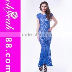 Ready Stocklot Long Style Elegant Women Evening and Party Wear Royal Blue Lace Dress thumbnail-1