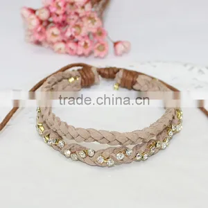 Rhinestone Chain Suede Leather Braided Layered Bracelet Double Strand Velvet Leather Handwoven Bracelet thumbnail-3