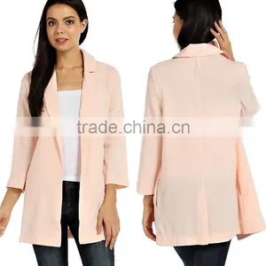 Women SOLID WOVEN POCKET TRIM LONGLINE OPEN BLAZER Wholesale thumbnail-1