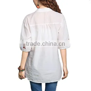 Wholesale Ladies Tops Cheap Price Half Sleeves Mature Linen and Cotton Ladies Embroidered Blouse thumbnail-3