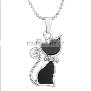 Fashion Jewelry 2016 Alloy Silver Crystal Enamel Black Cute Cat Necklace thumbnail-1