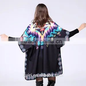 Brand Fashion Womens Autumn Winter Warm Flower Pattern Slit Wool Blend Plaid Blanket Cloak Poncho Cape Coat thumbnail-2