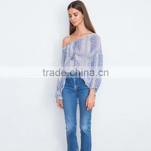 Fringed Drawstring Elastic Neckline Sheer Georgette Peasant Blouse thumbnail-4