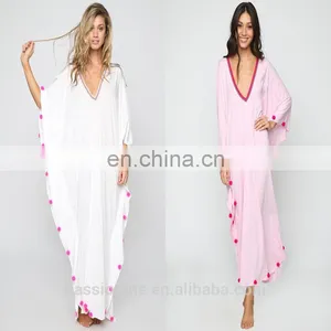 Custom Made White Kaftan Beach Dress Fashion Long Kaftan With Pompom thumbnail-1