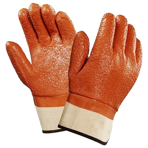 Heavy Duty Safety Cuff Cotton Jersey Liner Rough Sandy Orange PVC Coated Gloves thumbnail-1